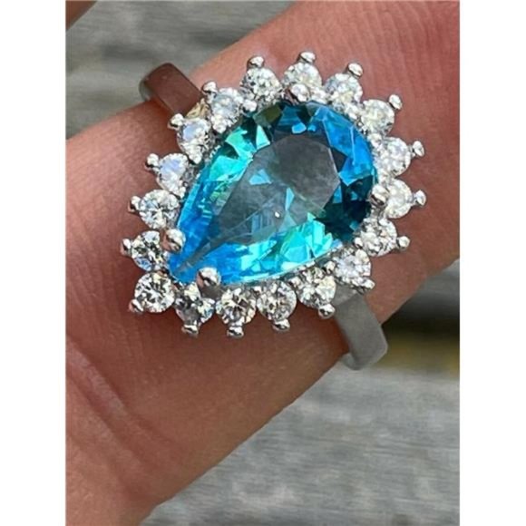 Solid 925 Sterling Silver Pear Shaped Blue Aquamarine CZ Cocktail Ring - Picture 3 of 7